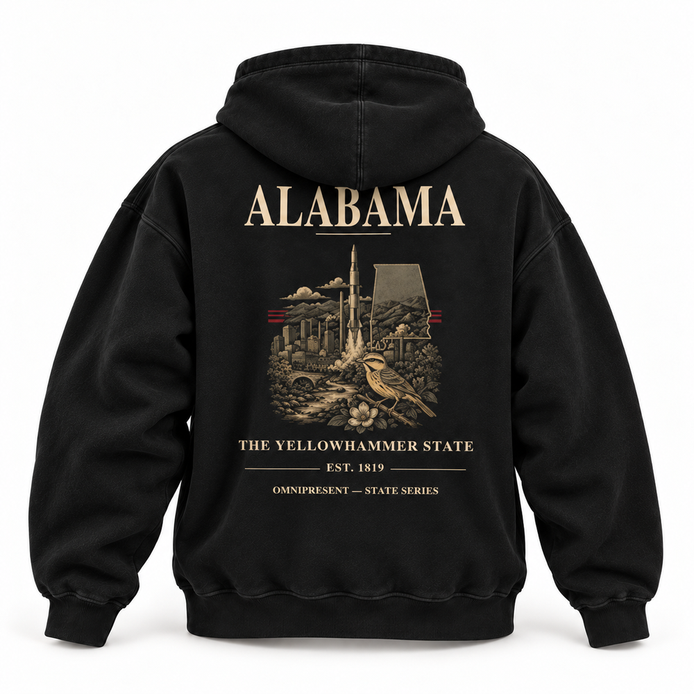 Alabama Edition black Hoodie back view on white background