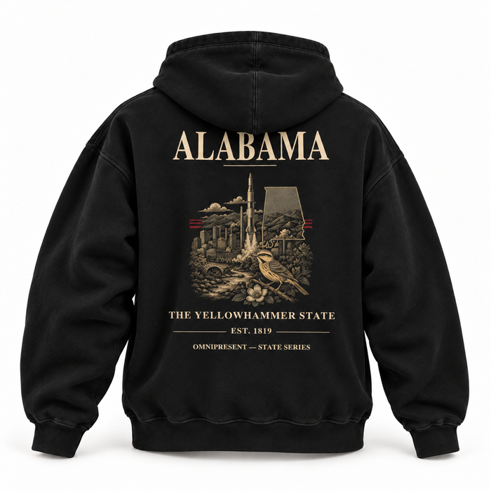 Alabama Edition black Hoodie back view on white background