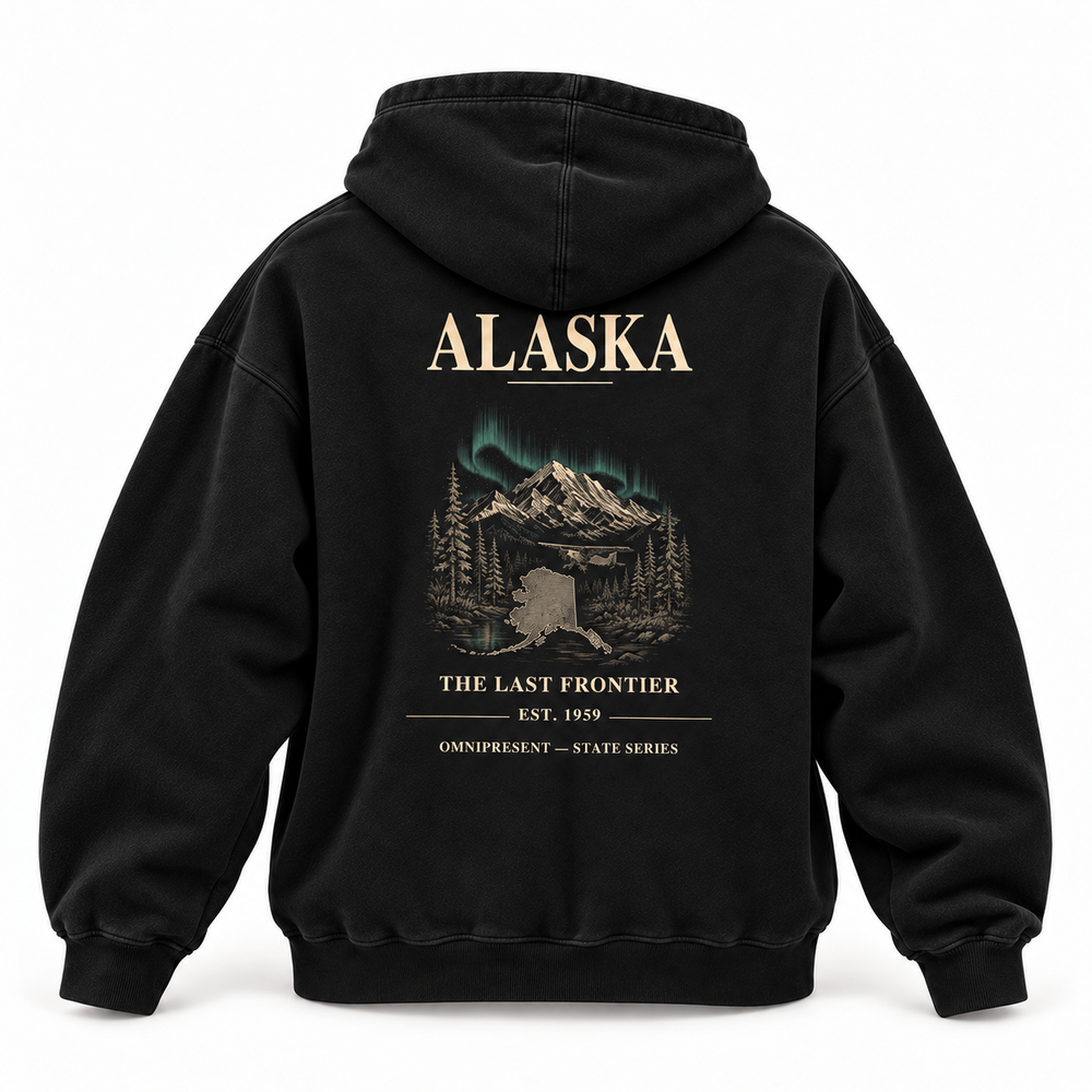 Alaska Edition black Hoodie back view on white background