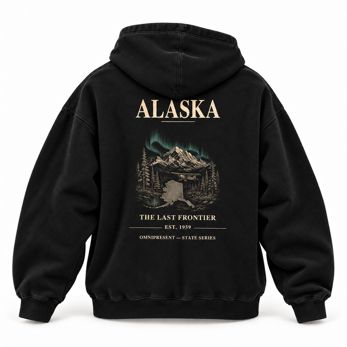 Alaska Edition black Hoodie back view on white background