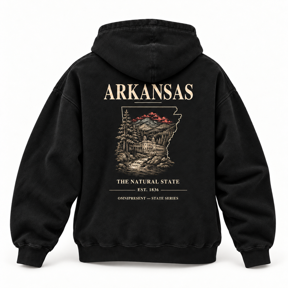 Arkansas Edition black Hoodie back view on white background
