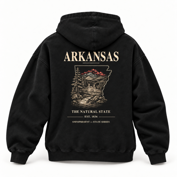Arkansas Edition black Hoodie back view on white background