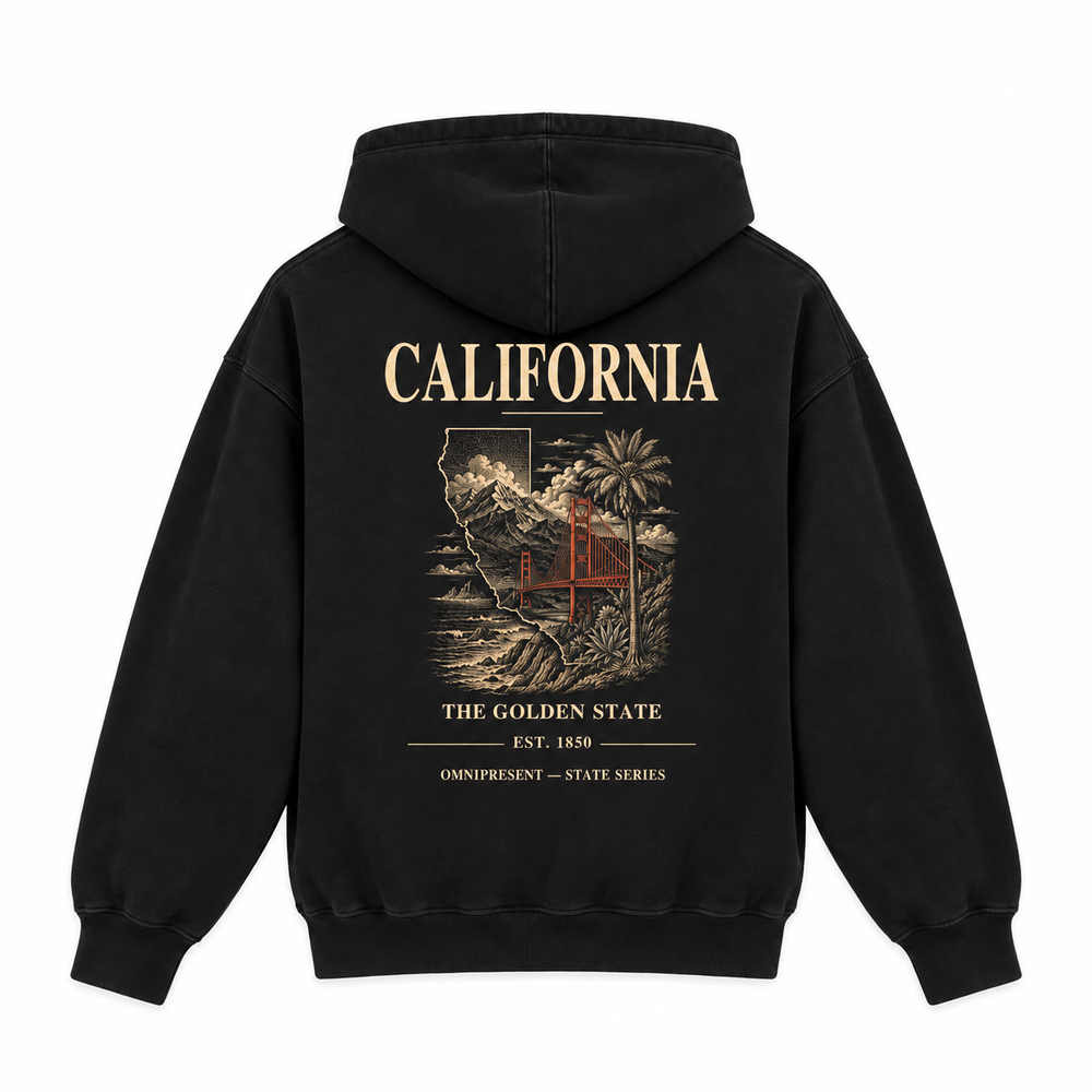 California Edition black Hoodie back view on white background