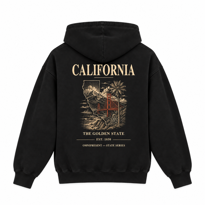 California Edition black Hoodie back view on white background