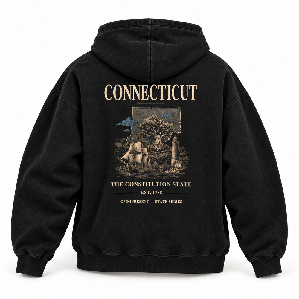 Connecticut Edition black Hoodie back view on white background