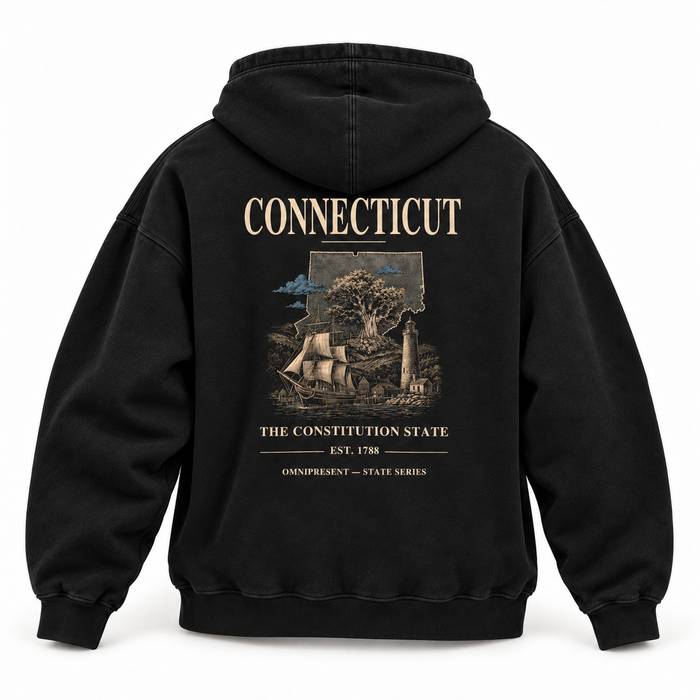 Connecticut Edition black Hoodie back view on white background