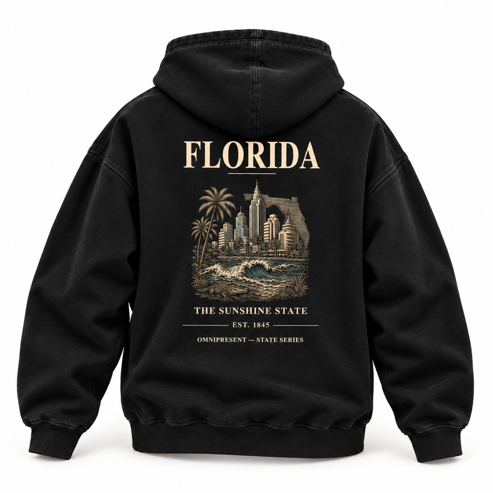 Florida Edition black Hoodie back view on white background