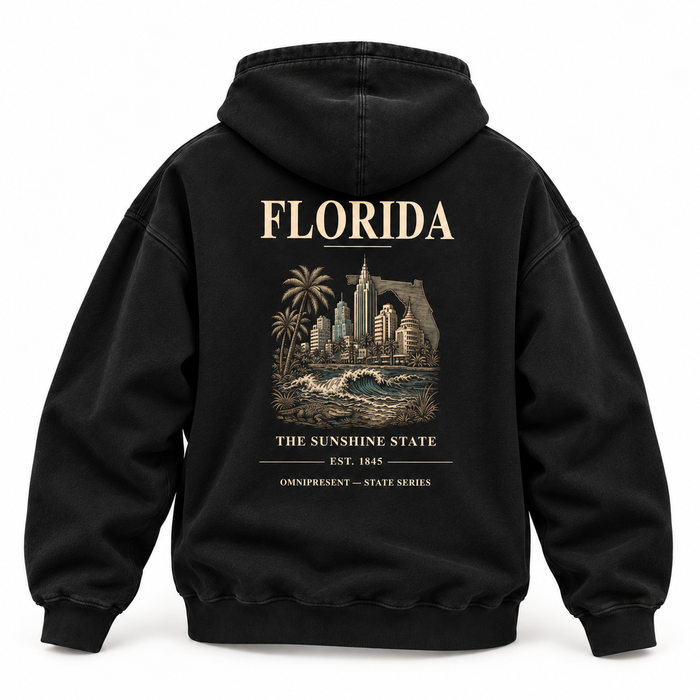Florida Edition black Hoodie back view on white background