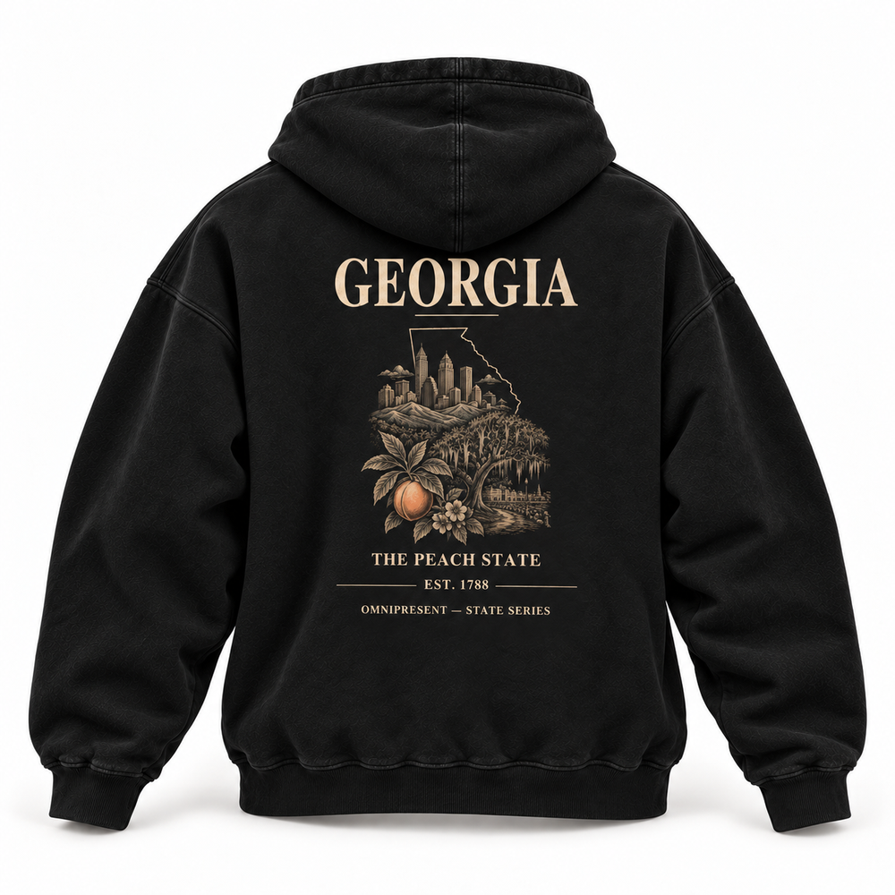 Georgia Edition black Hoodie back view on white background