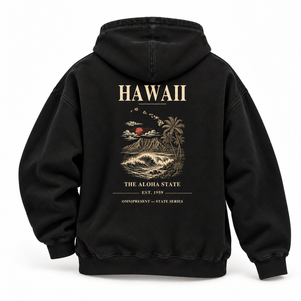 Hawaii Edition black Hoodie back view on white background