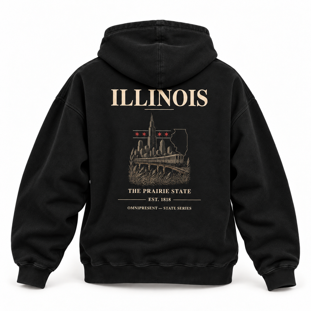 Illinois Edition black Hoodie back view on white background