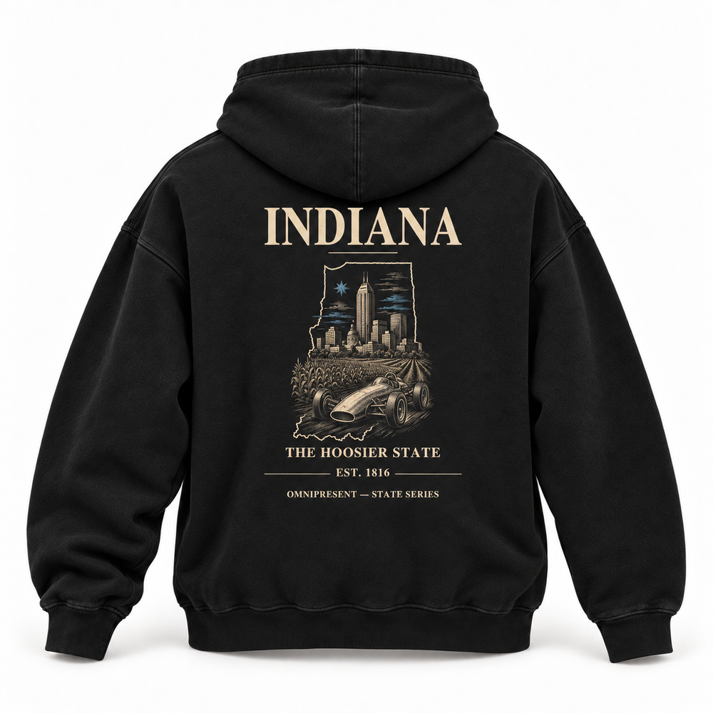 Indiana Edition black Hoodie back view on white background