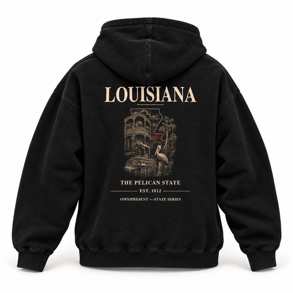 Louisiana Edition black Hoodie back view on white background