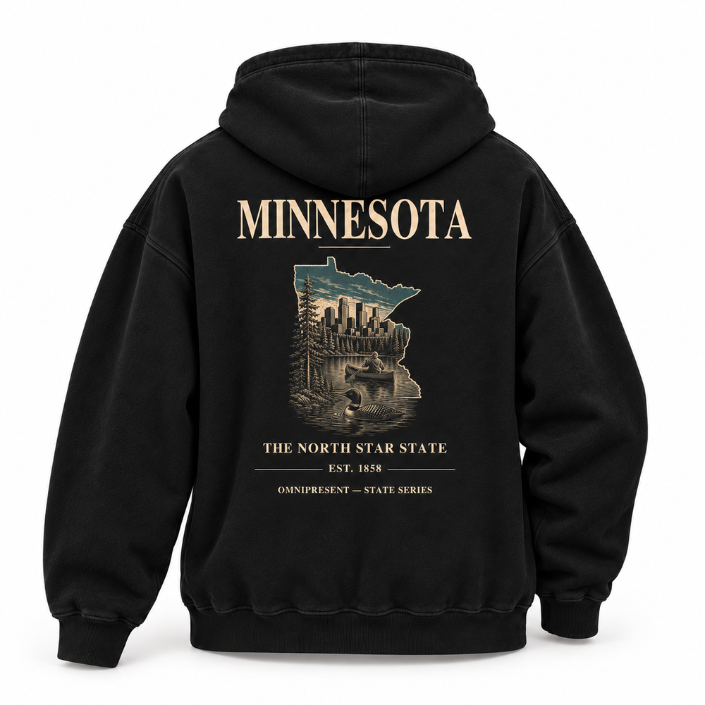 Minnesota Edition black Hoodie back view on white background