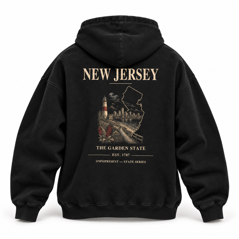 New Jersey Edition black Hoodie back view on white background