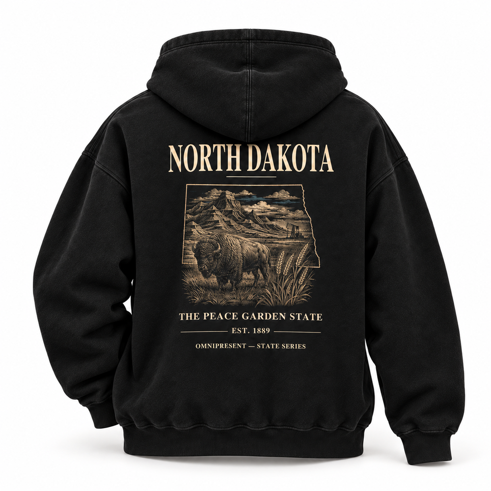 North Dakota Edition black Hoodie back view on white background