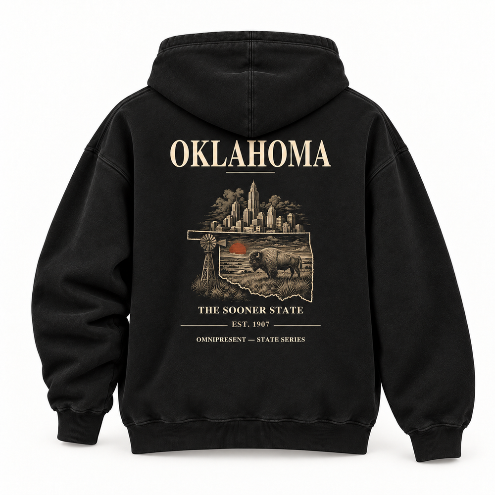 Oklahoma Edition black Hoodie back view on white background