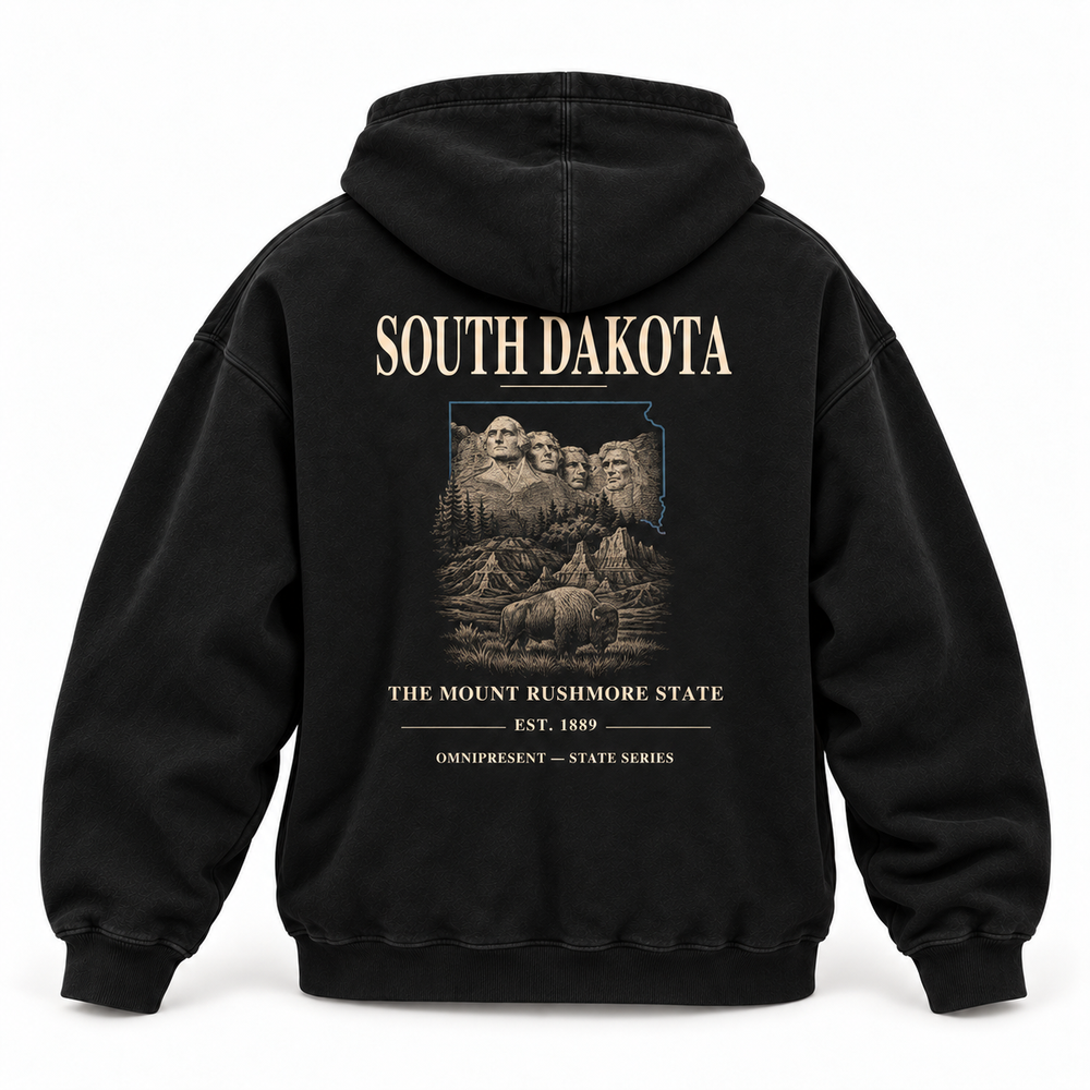South Dakota Edition black Hoodie back view on white background
