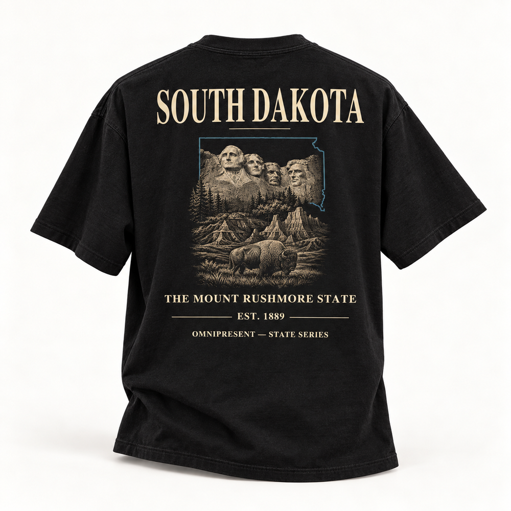 South Dakota Edition black T-Shirt back view on white background
