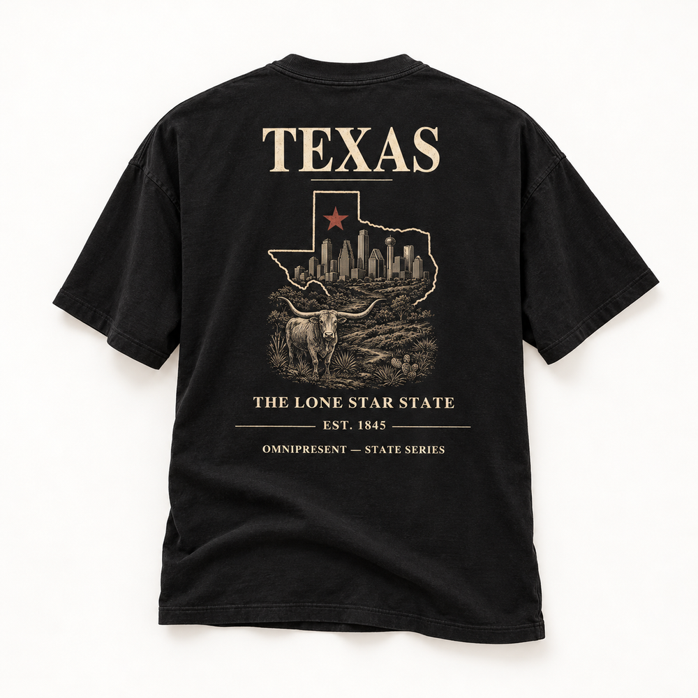 Texas Edition black T-Shirt back view on white background