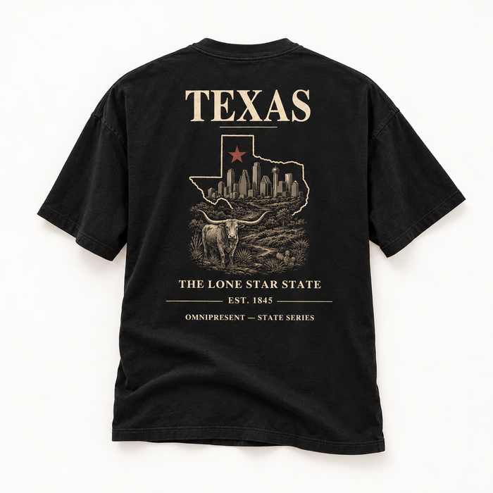 Texas Edition black T-Shirt back view on white background
