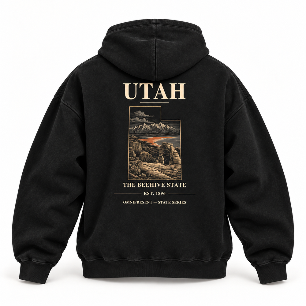 Utah Edition black Hoodie back view on white background