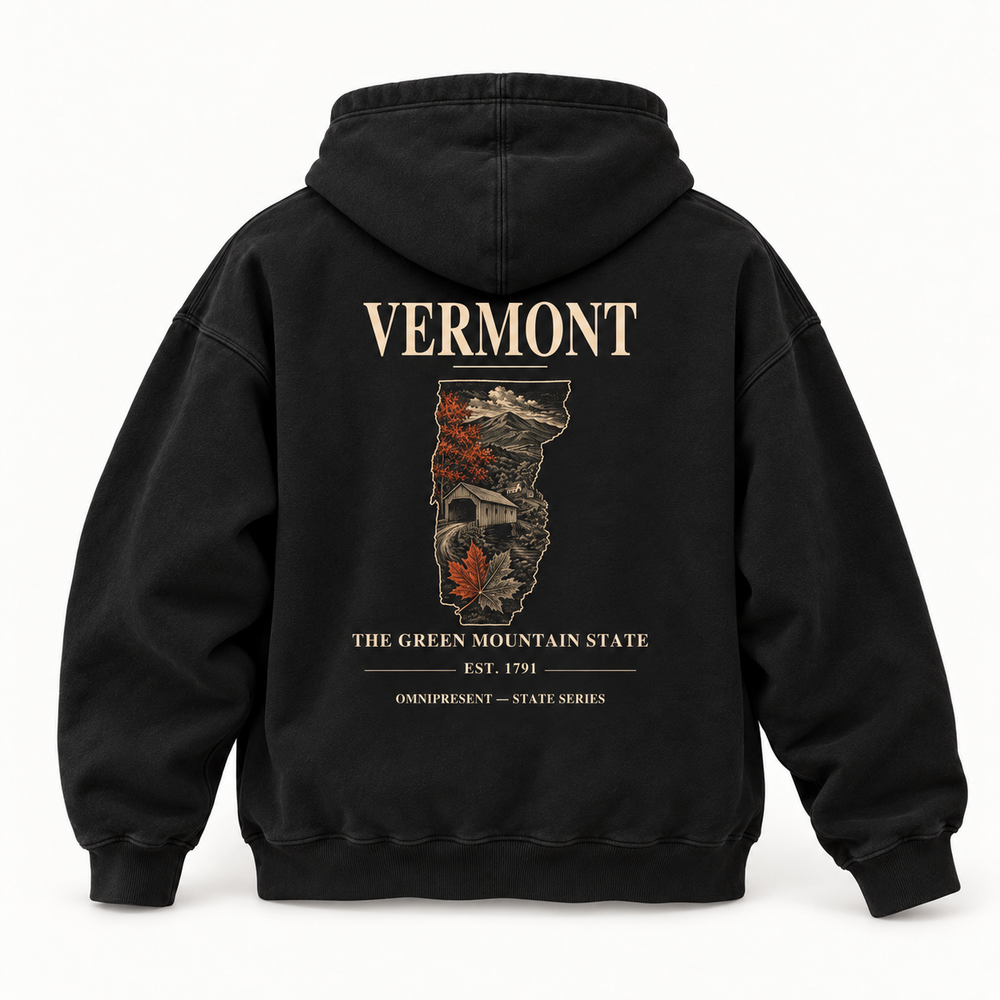 Vermont Edition black Hoodie back view on white background