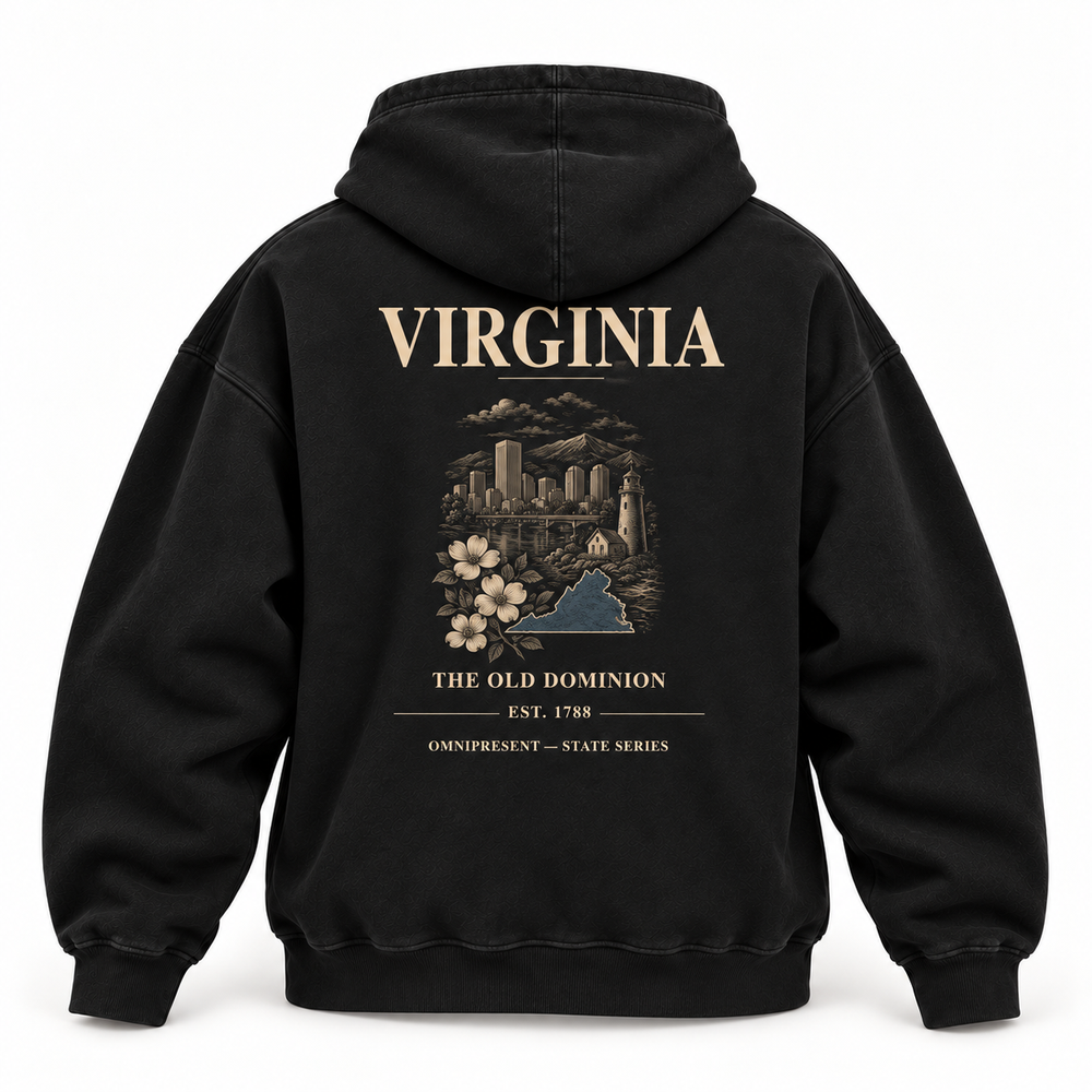 Virginia Edition black Hoodie back view on white background