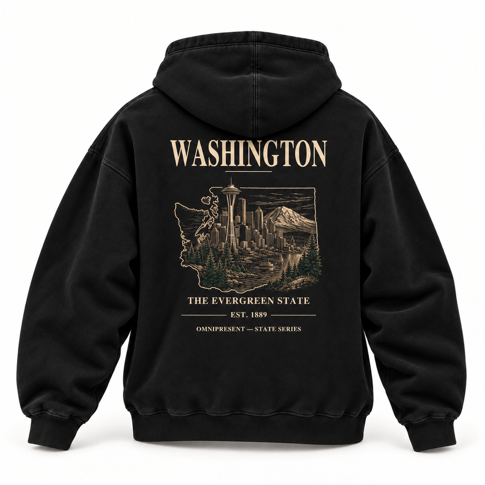 Washington Edition black Hoodie back view on white background