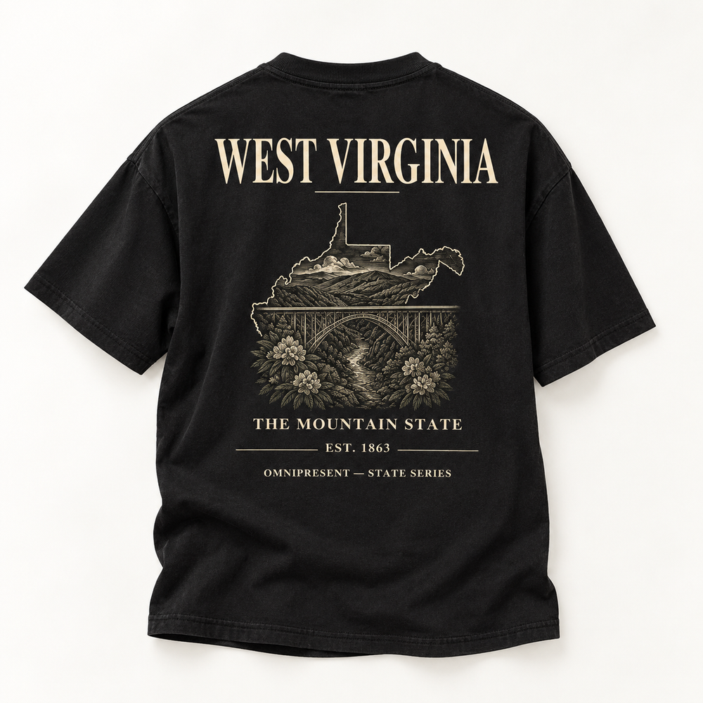 West Virginia Edition black T-Shirt back view on white background