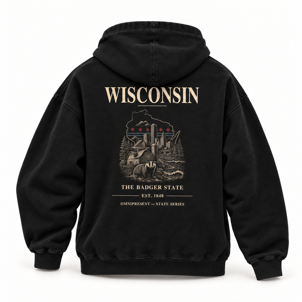 Wisconsin Edition black Hoodie back view on white background