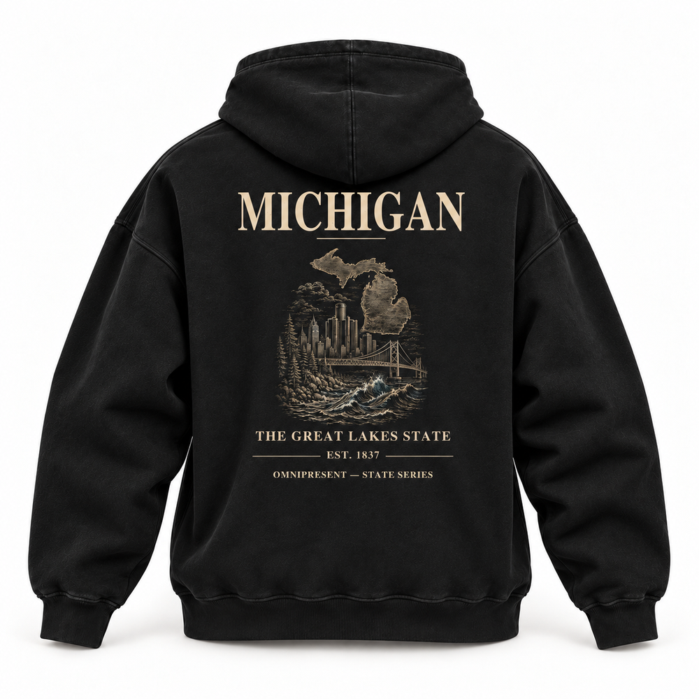 Michigan Edition black Hoodie back view on white background
