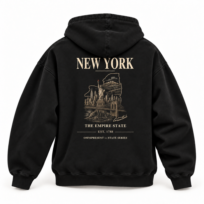 New York Edition black Hoodie back view on white background