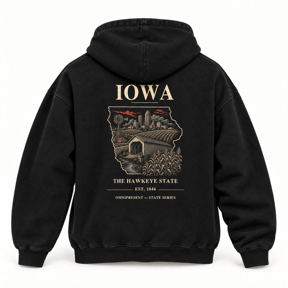Iowa Edition black Hoodie back view on white background