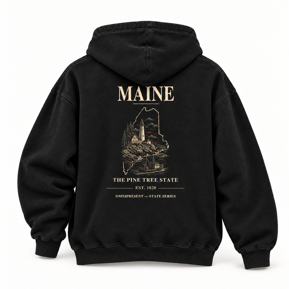 Maine Edition black Hoodie back view on white background