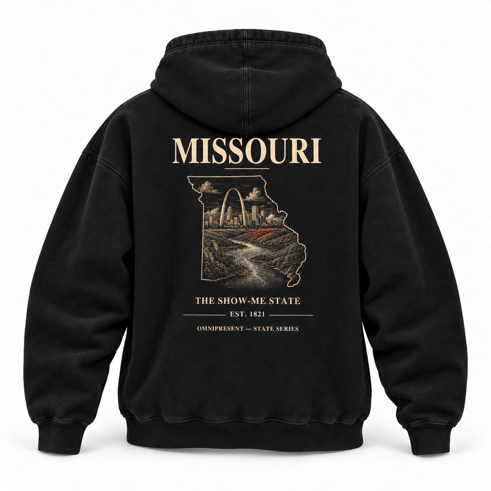 Missouri Edition black Hoodie back view on white background