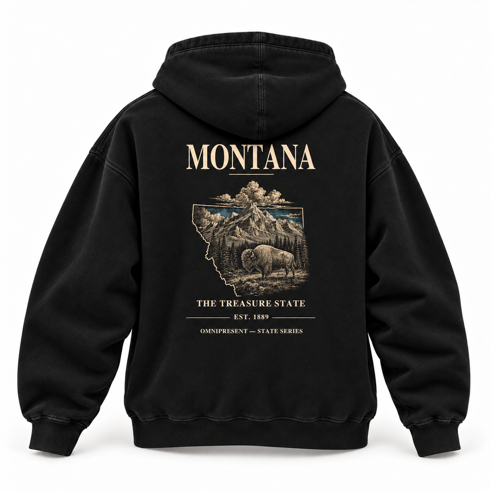 Montana Edition black Hoodie back view on white background