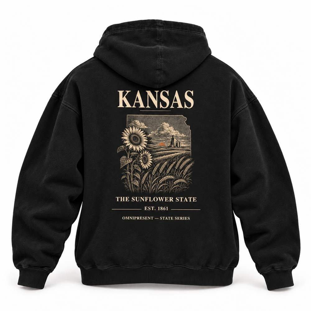 Kansas Edition black Hoodie back view on white background