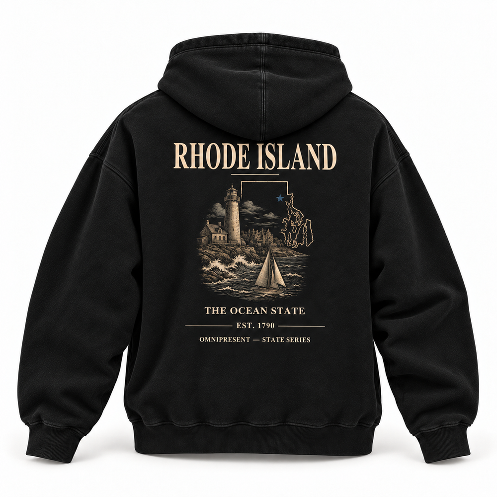 Rhode Island Edition black Hoodie back view on white background