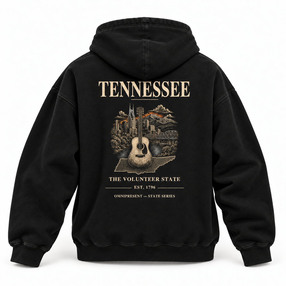 Tennessee Edition black Hoodie back view on white background