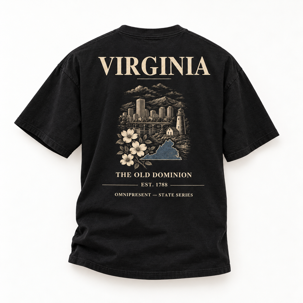 Virginia Edition black T-Shirt back view on white background