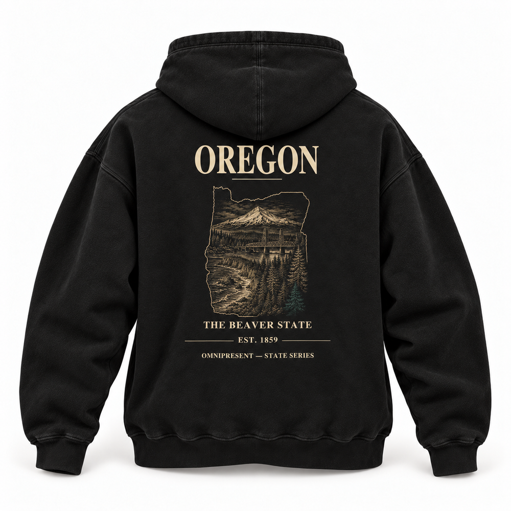 Oregon Edition black Hoodie back view on white background