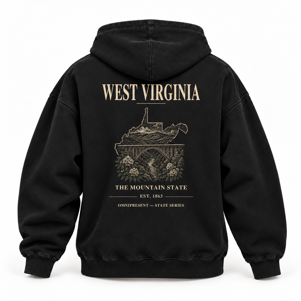 West Virginia Edition black Hoodie back view on white background