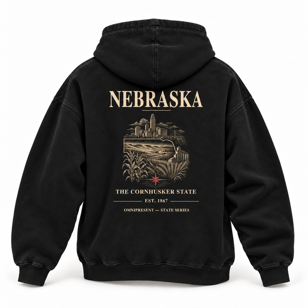 Nebraska Edition black Hoodie back view on white background