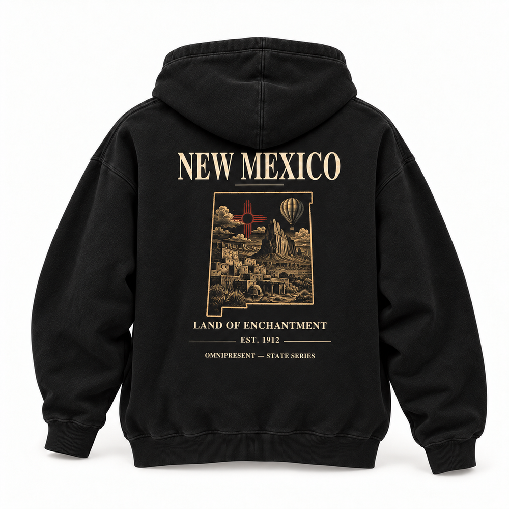 New Mexico Edition black Hoodie back view on white background