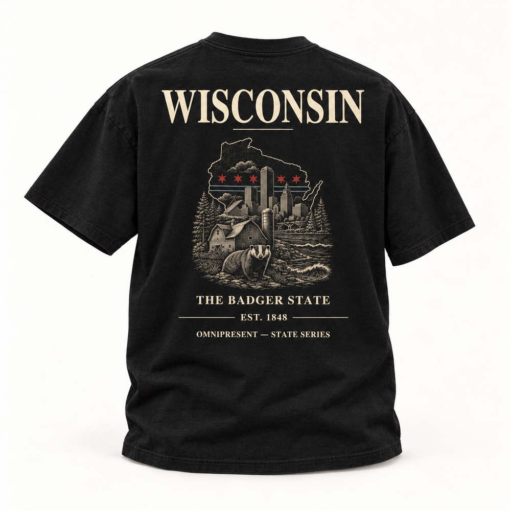 Wisconsin Edition black T-Shirt back view on white background