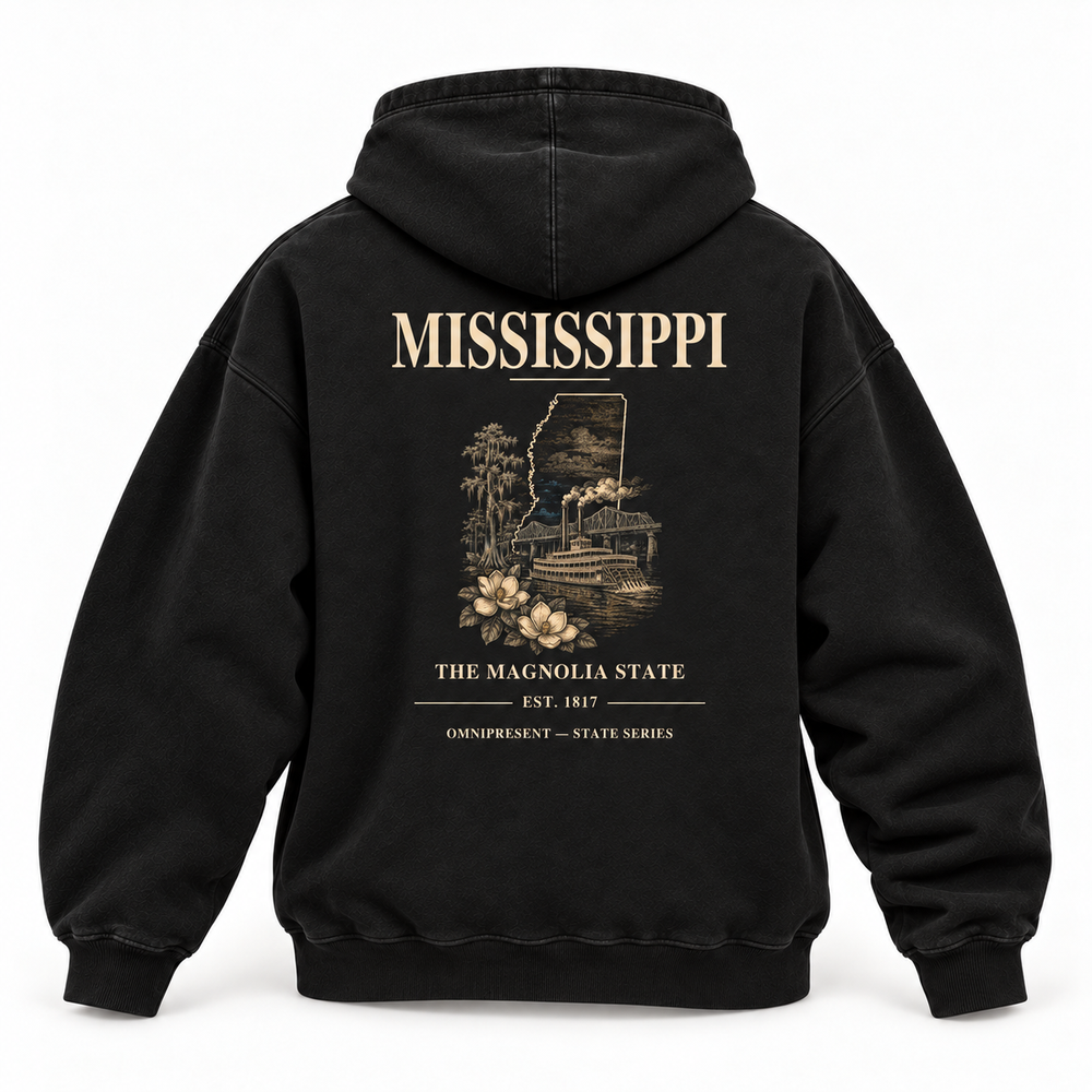 Mississippi Edition black Hoodie back view on white background