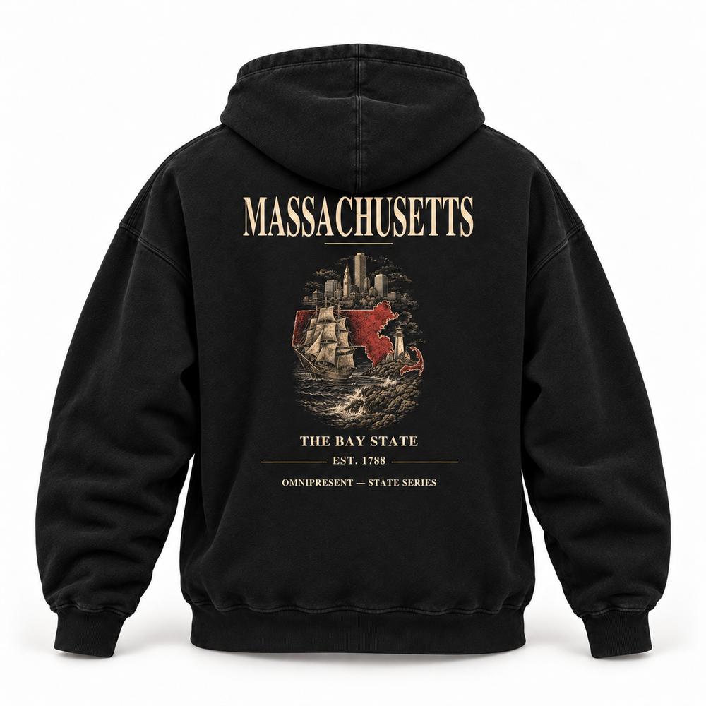 Massachusetts Edition black Hoodie back view on white background