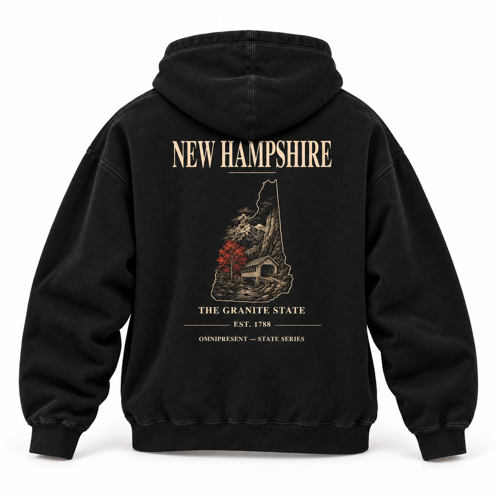 New Hampshire Edition black Hoodie back view on white background