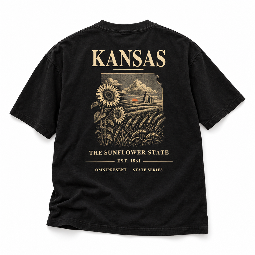 Kansas Edition black T-Shirt back view on white background